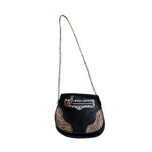 Women's Saddle Crossbody Bag Black Cheetah Print Small Essential Y2K Gold Chain